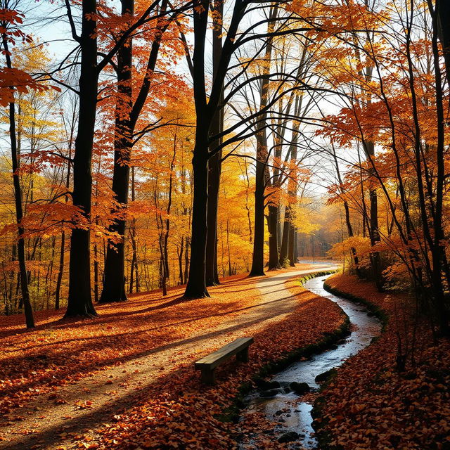 A serene autumn forest scene with a winding path covered in colorful leaves