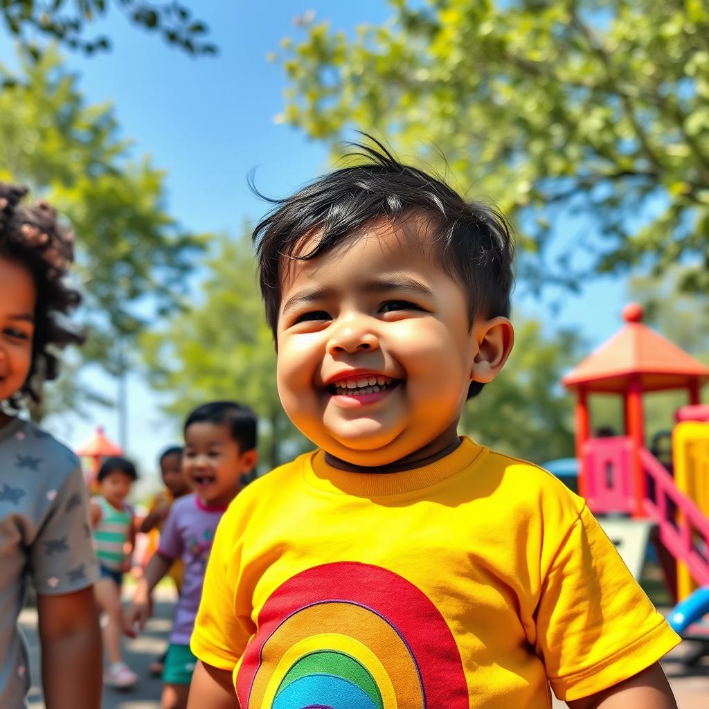 A young chubby boy in a joyful and colorful park setting