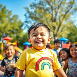 A young chubby boy in a joyful and colorful park setting