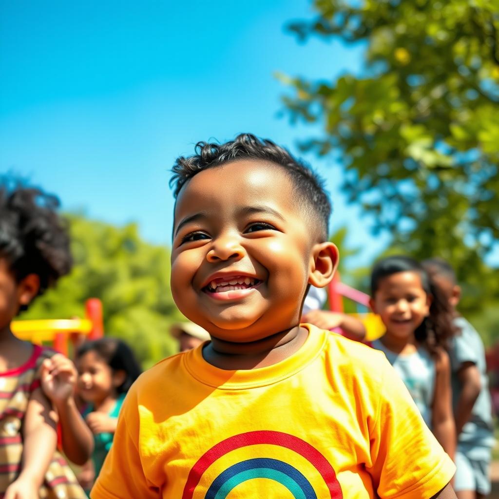 A young chubby boy in a joyful and colorful park setting