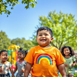 A young chubby boy in a joyful and colorful park setting