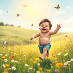 A joyful chubby boy playing in a scenic meadow under the warm sun