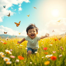 A joyful chubby boy playing in a scenic meadow under the warm sun