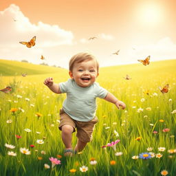 A joyful chubby boy playing in a scenic meadow under the warm sun