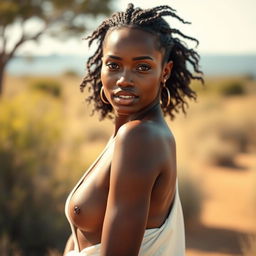 A beautiful African woman with a confident pose wearing minimal clothing that accentuates her natural beauty