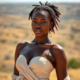 A beautiful African woman with a confident pose wearing minimal clothing that accentuates her natural beauty