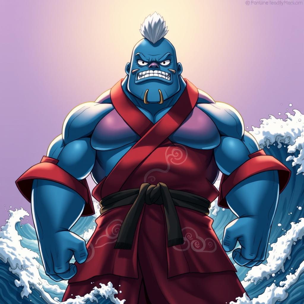 Jinbe, a strong and powerful Fish-Man from the One Piece universe, displaying his signature stoic expression