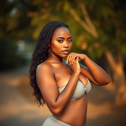 A beautiful and confident African woman posed suggestively in a serene setting, highlighting her curvaceous body and natural beauty