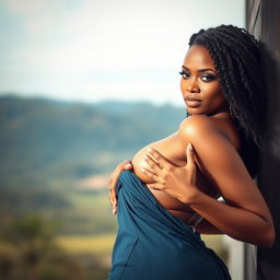 A beautiful and confident African woman posed suggestively in a serene setting, highlighting her curvaceous body and natural beauty