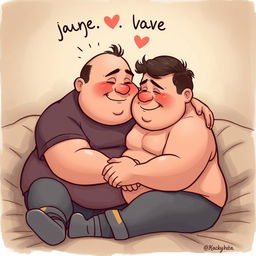 Two chubby men sharing an intimate and tender moment, depicted with respect and affection