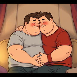 Two chubby men sharing an intimate and tender moment, depicted with respect and affection