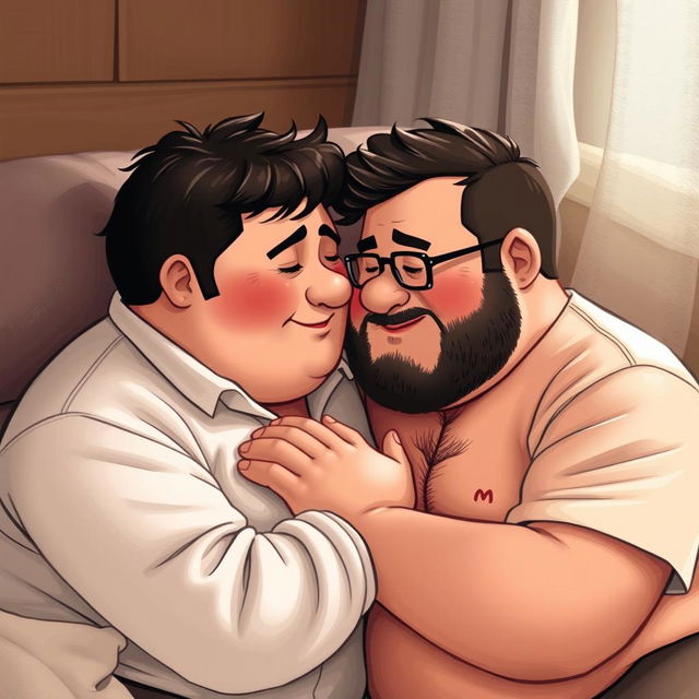 Two chubby men sharing an intimate and tender moment, depicted with respect and affection