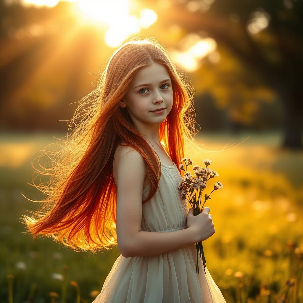 A captivating image of a slender red-haired girl with flowing, fiery-red locks cascading down her shoulders