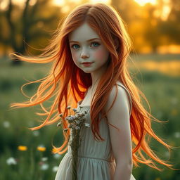 A captivating image of a slender red-haired girl with flowing, fiery-red locks cascading down her shoulders