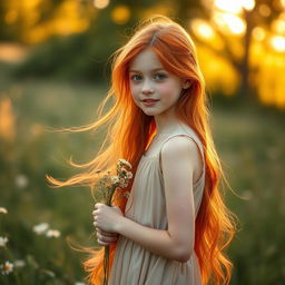 A captivating image of a slender red-haired girl with flowing, fiery-red locks cascading down her shoulders