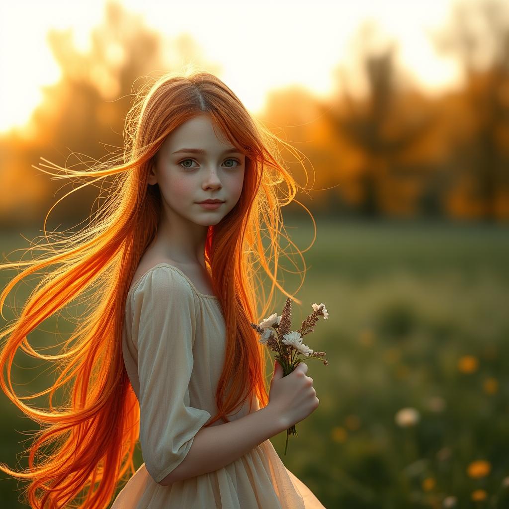 A captivating image of a slender red-haired girl with flowing, fiery-red locks cascading down her shoulders