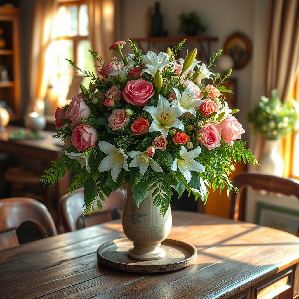 An exquisite bouquet of flowers overflowing from a vintage vase placed on an antique wooden table