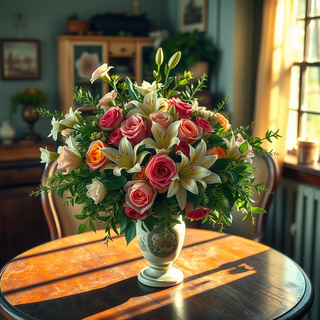 An exquisite bouquet of flowers overflowing from a vintage vase placed on an antique wooden table