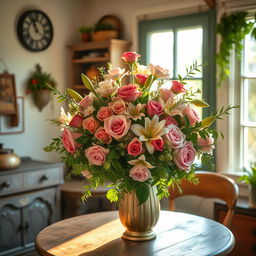 An exquisite bouquet of flowers overflowing from a vintage vase placed on an antique wooden table