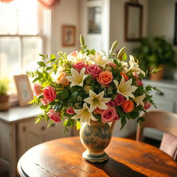 An exquisite bouquet of flowers overflowing from a vintage vase placed on an antique wooden table