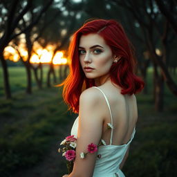 Una imagen cautivadora de una chica delgada con el cabello tintado de un rojo intenso, con rizos largos y definidos que caen elegantemente por su espalda