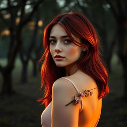 Una imagen cautivadora de una chica delgada con el cabello tintado de un rojo intenso, con rizos largos y definidos que caen elegantemente por su espalda