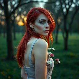 Una imagen cautivadora de una chica delgada con el cabello tintado de un rojo intenso, con rizos largos y definidos que caen elegantemente por su espalda