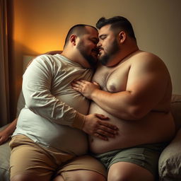 A respectful and artistic portrayal of intimacy between two chubby men, focusing on the emotional connection and tenderness of their relationship