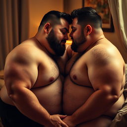 A respectful and artistic portrayal of intimacy between two chubby men, focusing on the emotional connection and tenderness of their relationship