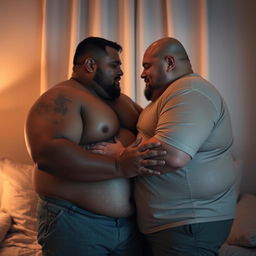 A respectful and artistic portrayal of intimacy between two chubby men, focusing on the emotional connection and tenderness of their relationship