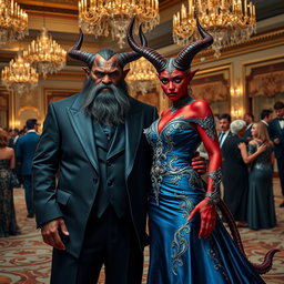 A male duergar and a female tiefling attending a lavish gala