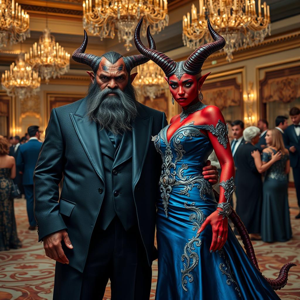 A male duergar and a female tiefling attending a lavish gala