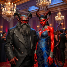 A male duergar and a female tiefling attending a lavish gala