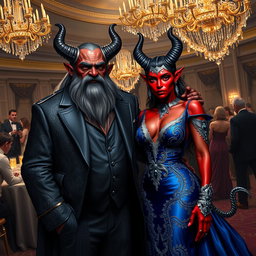 A male duergar and a female tiefling attending a lavish gala