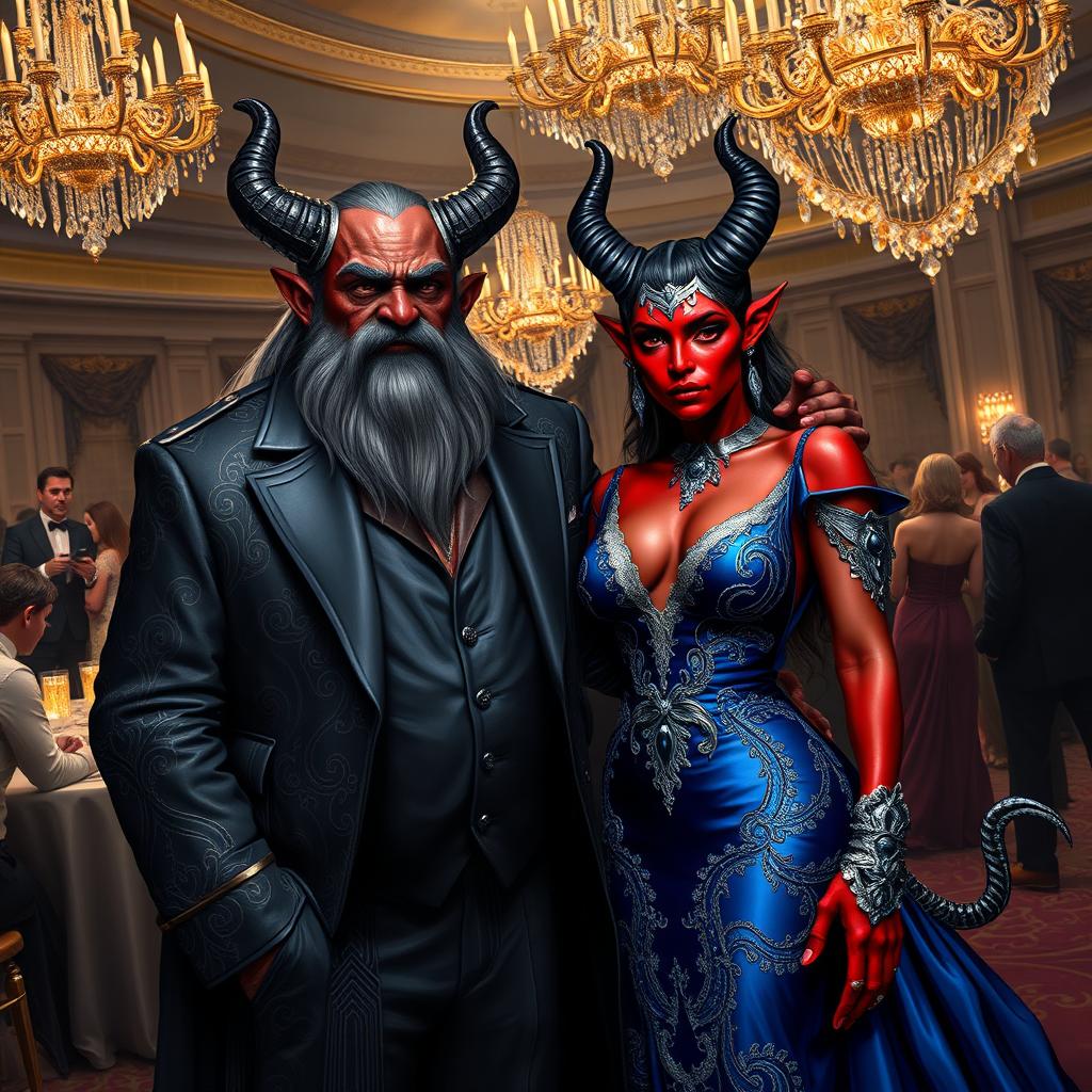 A male duergar and a female tiefling attending a lavish gala