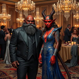 A male duergar and a female tiefling attending a lavish gala