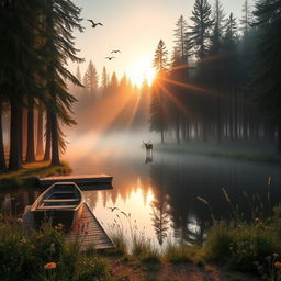 A serene forest landscape at dawn, with a gentle mist hovering over a reflective lake