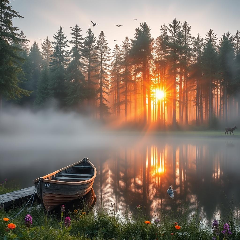 A serene forest landscape at dawn, with a gentle mist hovering over a reflective lake