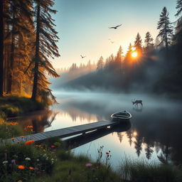 A serene forest landscape at dawn, with a gentle mist hovering over a reflective lake