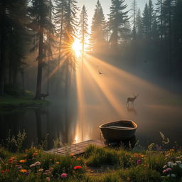 A serene forest landscape at dawn, with a gentle mist hovering over a reflective lake