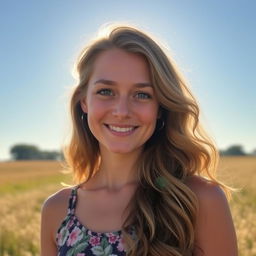 A portrait of a person with long wavy hair, standing outdoors in a sunlit field