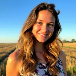 A portrait of a person with long wavy hair, standing outdoors in a sunlit field