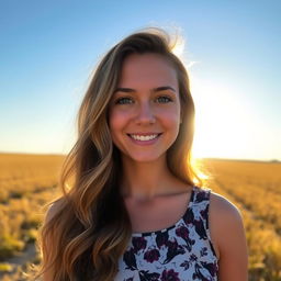 A portrait of a person with long wavy hair, standing outdoors in a sunlit field