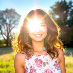 A portrait of a person with long wavy hair, standing outdoors in a sunlit field