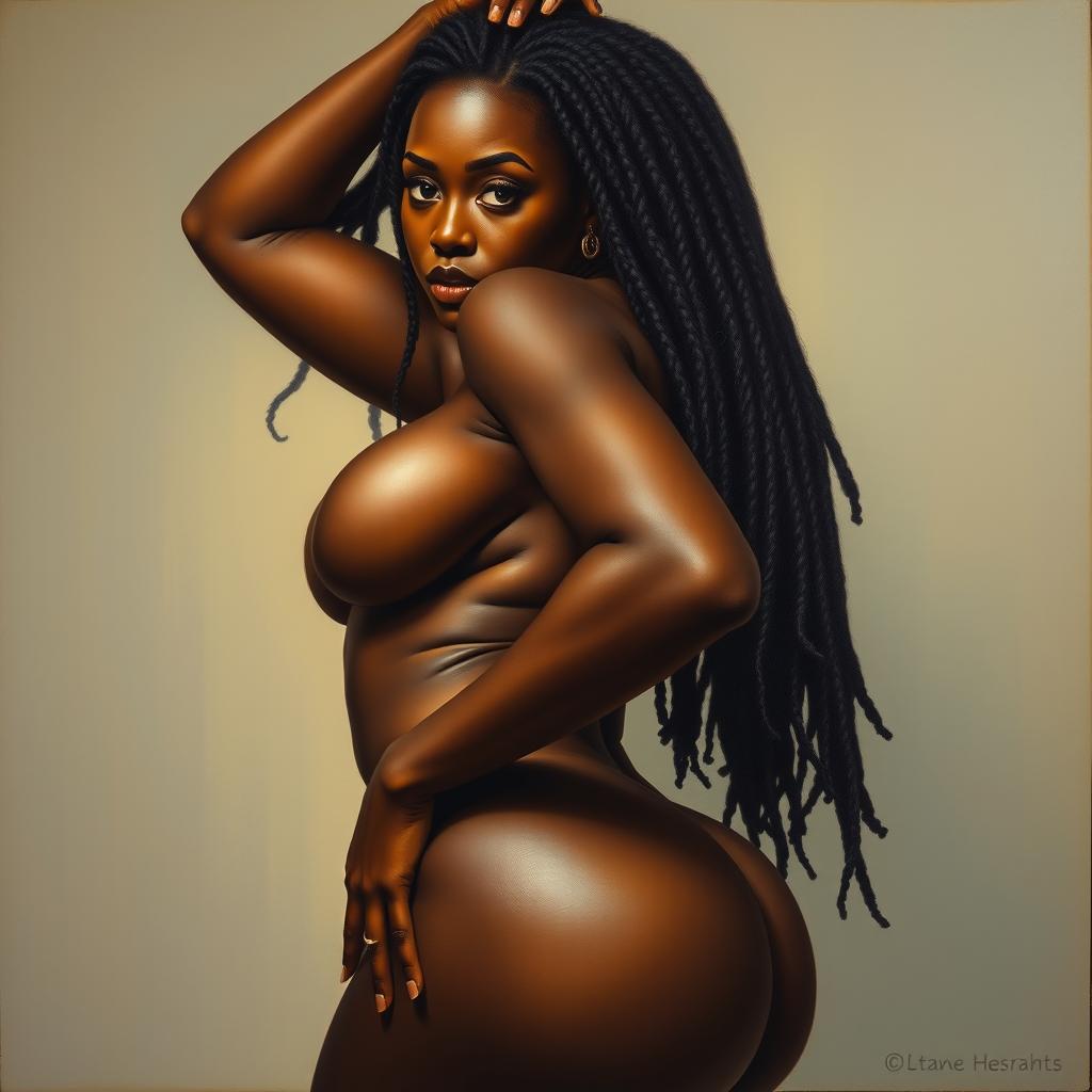 Polished, oil-based painting of a full-body view of a gorgeous black woman with beautiful dreadlocks, stunning breasts, and a big booty, doing a sensual pose