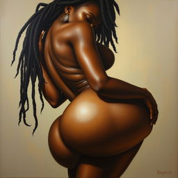 Polished, oil-based painting of a full-body view of a gorgeous black woman with beautiful dreadlocks, stunning breasts, and a big booty, doing a sensual pose