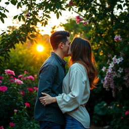 A beautiful, romantic scene featuring a woman passionately kissing her partner in a serene garden