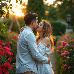 A beautiful, romantic scene featuring a woman passionately kissing her partner in a serene garden