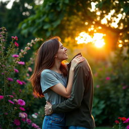 A beautiful, romantic scene featuring a woman passionately kissing her partner in a serene garden