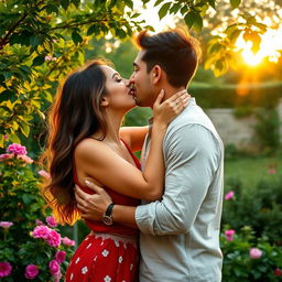 A beautiful, romantic scene featuring a woman passionately kissing her partner in a serene garden